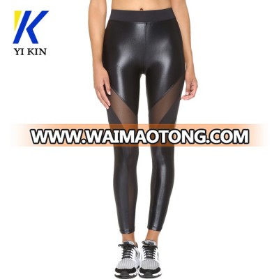 Custom glossy active jersey mesh panel seamed high waist elastic leggings women shiny capri pants